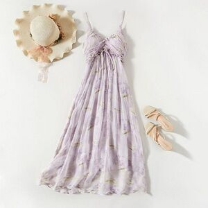Light Purple Silk Dress lavender Printed Pattern XS-S REAL SILK LIFE SK2